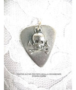 GUITAR PICK & POISON SKULL & CROSSBONES PEWTER ROCKER PENDANT ADJ NECKLACE - $17.99