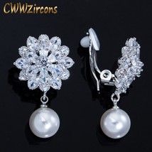 CWWZircons No Piercing White CZ Crystal Dangle Drop Pearl Flower Clip on Earring - £13.24 GBP