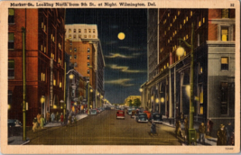 Vtg Postcard Moonlight Scene, Market Street, Cars,  Wilmington, DE - £6.58 GBP