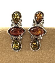 Vintage Sterling Silver Amber Earrings 3 Amber Teardrop Stones - $567.68 MXN