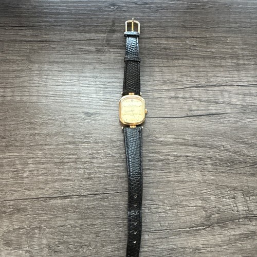 Oleg Cassini Watch Women Diamond Gold Tone Dial Black Leather Band Item image 2