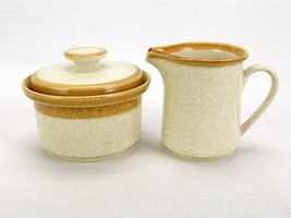Mikasa Stoneware Creamer &amp; Sugar Bowl, Pattern F5800, Beige w/Brown Drip Glaze - $19.55