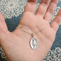 Vintage Dainty Silver Miraculous Medal Virgin Mary Medallion Necklace - $34.99