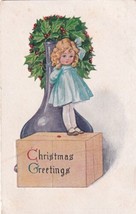 Christmas Greetings Girl On Box Holly Purple Vase Postcard B33 - £2.33 GBP