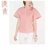 Tommy Hilfiger Blouse Top Shirt XL Flutter Sleeve Pink White Striped Cot... - £35.96 GBP