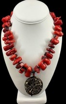 Barrel Red Coral Beaded 20in Necklace Carved Pendant Sterling Silver Clasp Chain - £114.74 GBP