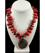 Barrel Red Coral Beaded 20in Necklace Carved Pendant Sterling Silver Cla... - £107.87 GBP