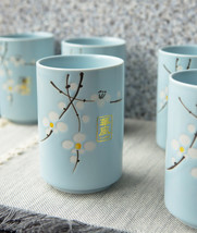 Pack Of 6 Japanese Sakura Cherry Blossom Pastel Light Blue Ceramic Tea Cups 10oz - £22.13 GBP