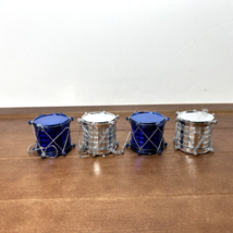 Set of 4, Christmas Vintage Plastic And Glass Mirror Blue Silver Drums Ornaments - £8.64 GBP