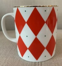 Williams Sonoma Red Diamond Harlequin Coffee Mug Tea Cup Green Dots Gold Rim  - $14.95