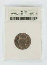 1955-D/S 5C Jefferson Nickel Classé Par Anacs Comme MS-64 - $2,049.34 MXN