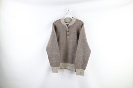 Vtg 70s Lands End Mens Large Color Block Wool Knit Pullover Henley Sweater USA - £59.45 GBP