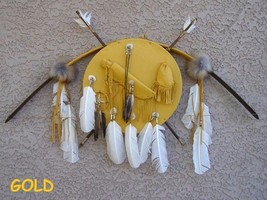 Navajo Made Buckskin Leather War Shield W Bow, Arrows &amp; Bone Tip Knife 3 Colors - £214.18 GBP