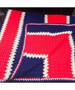 Vintage Crocheted Afghan Throw, Bright Red White and Blue Stripes, Hand ... - £91.29 GBP