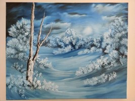 Winter Moon Snowy Night Landscape Original Oil Painting Trees Moonlight  - $148.99