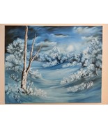Winter Moon Snowy Night Landscape Original Oil Painting Trees Moonlight  - £117.04 GBP