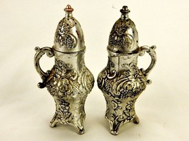 Faux Pewter Salt &amp; Pepper Shaker Set, 3-Footed Pot Belly Urns, Grapes an... - £15.54 GBP