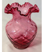 Vintage Fenton Cranberry Diamond Optic Vase Crimped Flared Ruffled Rim - $54.24 CAD