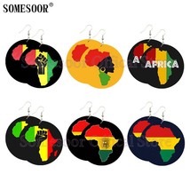 SOMESOOR Unite Africa Colors Map Wood Drop Earrings Powerful Fist Afro Ethnic He - £19.38 GBP