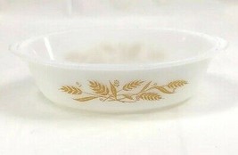 VTG Gold Wheat Design Casserole Dish With Handles Oval Milk White Glass  - £5.35 GBP