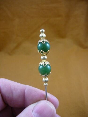 (u256-19) Green jade gemstone 2 bead brass hatpin Pin hat pins JEWELRY f... - $10.39