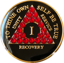 Siam Red Swarovski Crystal AA Medallion Black Tri-Plate Sobriety Chip Year 1 - 5 - £15.17 GBP