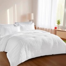 Jollyvogue White Seersucker King Comforter Set, 7-Pieces Bed In A Bag, Soft - £43.26 GBP