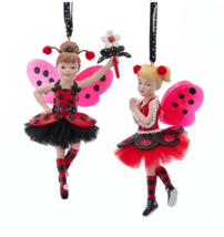 Kurt Adler Set Of 2 Ladybug Girl Fairy Ballerina w/TUTU &amp; Wings Xmas Ornaments - £22.61 GBP