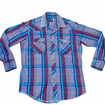 Vintage Wrangler Purple Snap Button Cowboy Cut Western X-Long Tail Plaid Shirt - £21.98 GBP