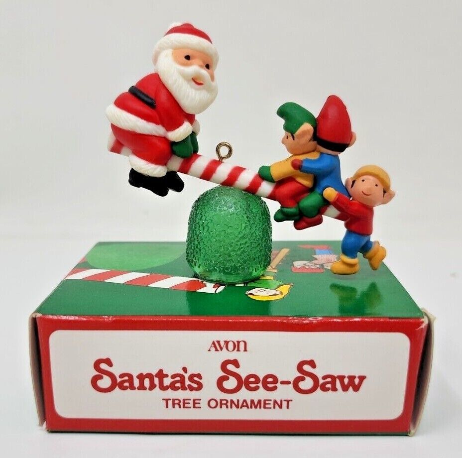 Primary image for Vintage Avon Santa's See-Saw Christmas Tree Ornament Elves Santa Claus w Box U95