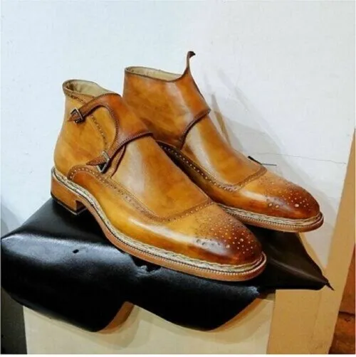 Handmade Men Ankle High Leather Cap Toe Brown Double Monk Strap Boot Mon... - $179.99