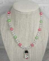 Snowman Holiday Necklace Cats Eye Striped Bead Girls Handmade Red Green - $16.82
