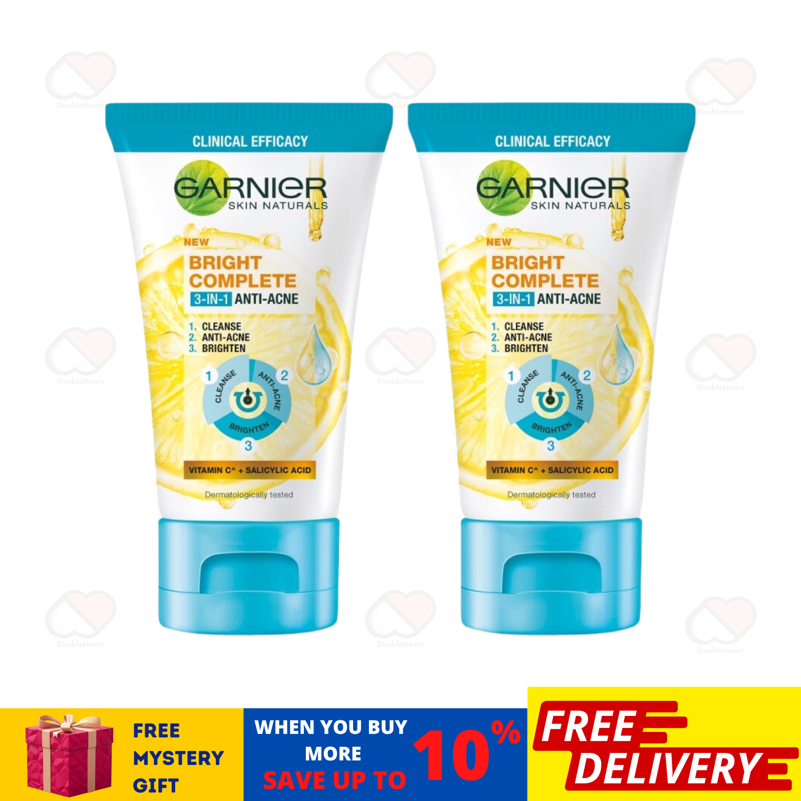 2 X Garnier Bright Complete 3-in-1 Anti Acne Foam Facial Wash Deep Cleaning 90ml - £27.37 GBP
