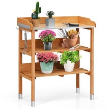 Solid Wood Outdoor Garden Bench Table with Bottom Storage Shelves and Metal Top - £166.10 GBP