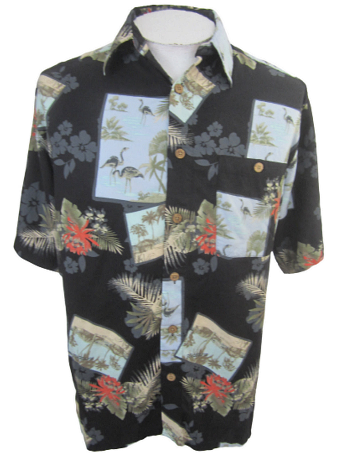 Primary image for Manhattan Men Hawaiian camp shirt M pit to pit 22 aloha luau tropical bird tiki