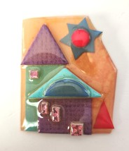 House Pin By Lucinda Brooch Pin Whimsical Summer Scene Bright Sun Colorful House - $19.95