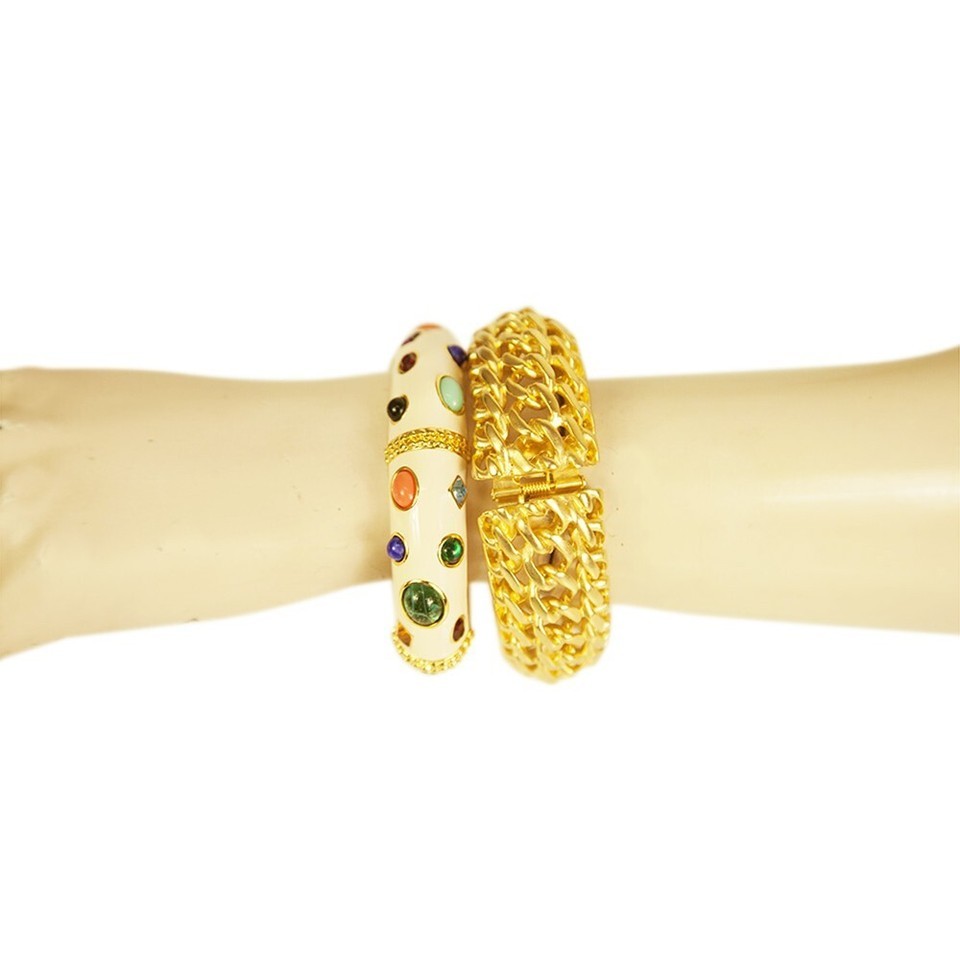 KENNETH JAY LANE Enamel Cuff Bracelet in Off White with multi color cabochons Item image 7