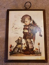 Wood Wall Art Plaque German Hummel Paper On Wood Boy with Dog - $12.86