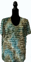 Womans Stretchy Ruffle Blouse, Blue/Green/ Teal, XL, Nylon/Spandex, XL - $14.97