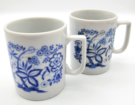 Vintage Japan Mugs Pair Blue White Floral 3.25&quot; T Coffee Cups Tea VG Condition - £10.85 GBP