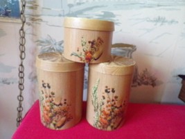 Set of 3 Cheinco Metal tin Cannister set, brown wood grain w dried flowe... - $19.80
