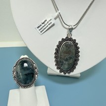 Moss Agate Pendant and Ring Set with Chain, Size 6 Ring German Silver - $22.80