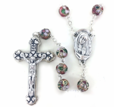 Rose Cloisonne Beads And Miraculous Center Crucifix Cross Rosary Necklace - £31.26 GBP