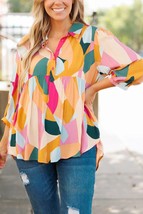 Multicolor Geometric Print Bracelet Sleeve Henley Blouse - $33.99