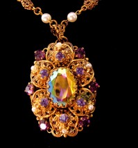 Vintage Baroque purple rhinestone necklace - 2 &quot; victorian filigree pend... - $145.00