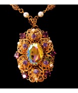 Vintage Baroque purple rhinestone necklace - 2 " victorian filigree pendant  - £114.03 GBP