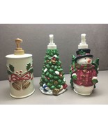 Lot of 3 Porcelain Christmas Soap Dispensers Pumps Tree Snowman Holly - £16.45 GBP