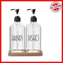 Stylish 16 OZ Soap Dispenser Set - Clear Glass &amp; Acacia Wood Tray Ensemble - $34.91