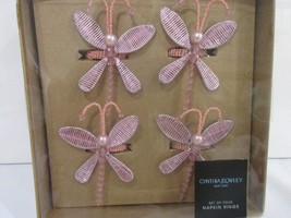 Cynthia Rowley Spring Pink Beaded Dragonfly Napkin Rings set of 4  - $28.70