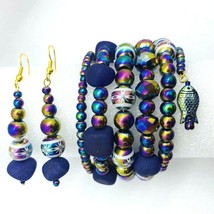 Purple Agate Wrap 6 Stack Bracelet Earring Set Swarovski Crystals Boho  - £39.04 GBP